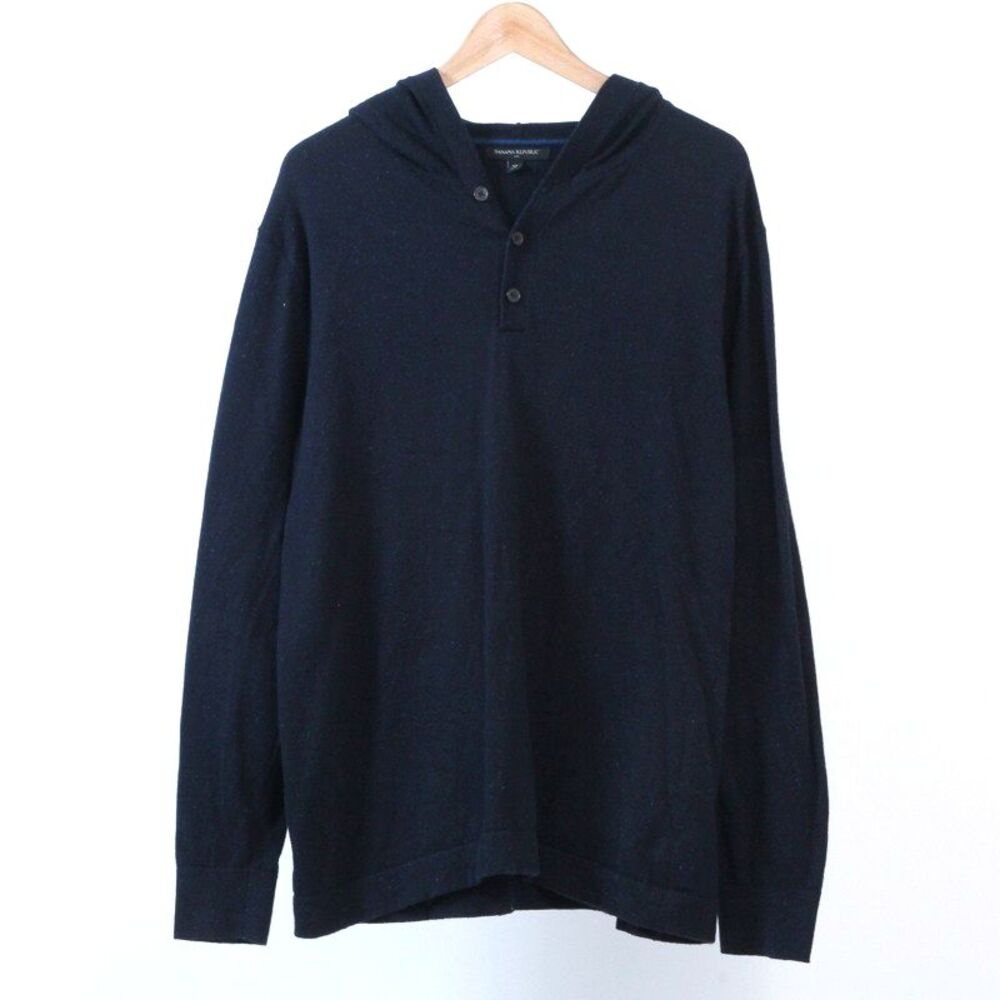 Banana Republic XL Navy Blue Speckled Hooded Henley Sweater Button Cotton Blend
